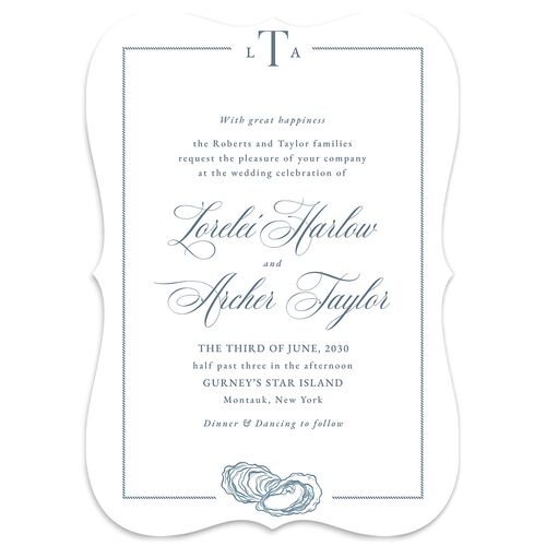 Coastal Oysters and Anchors Wedding Invitations Dusty Blue Signature Blank No Bracket