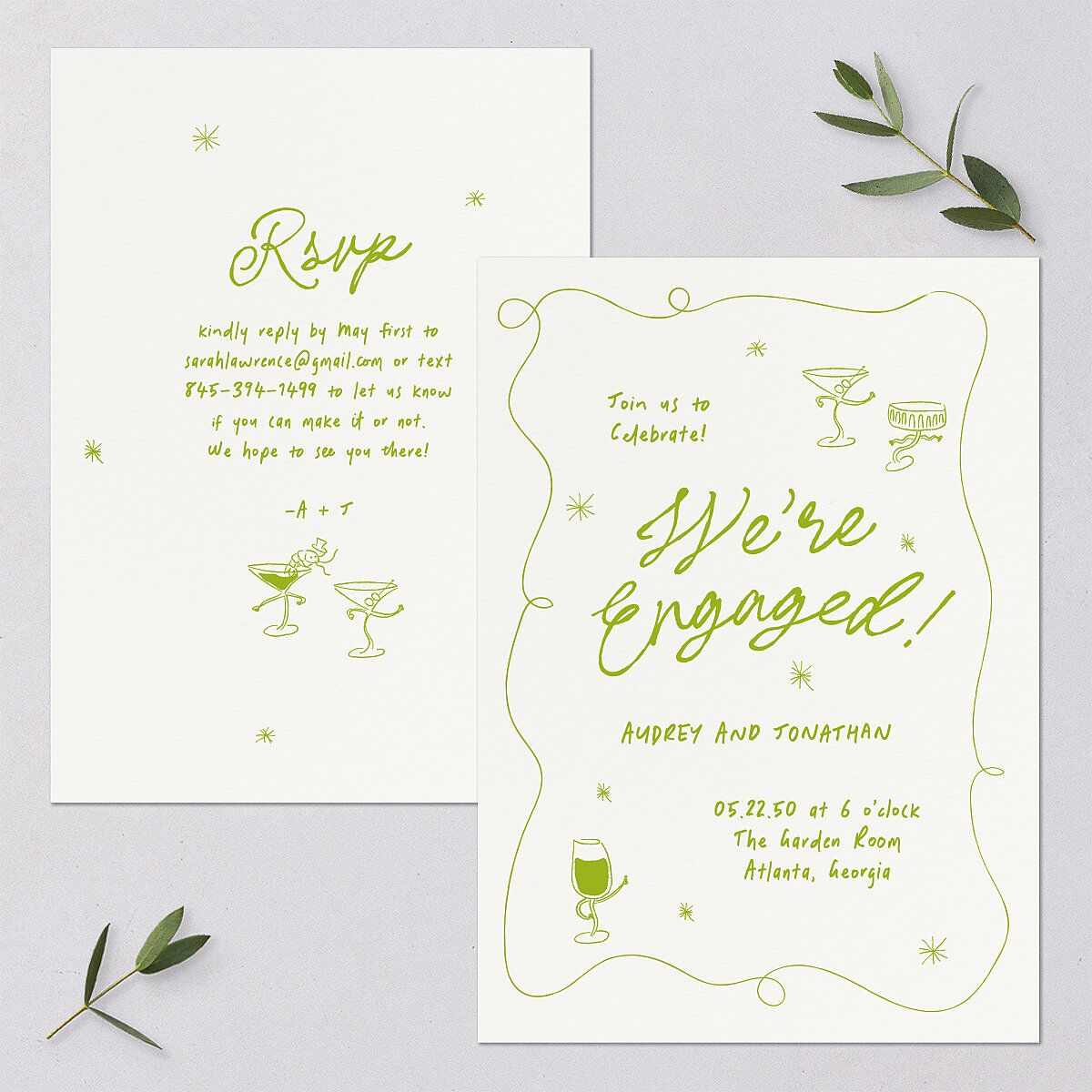 Whimsical Dancing Cocktails Engagement Party Invitations Pear Signature Blank Standard