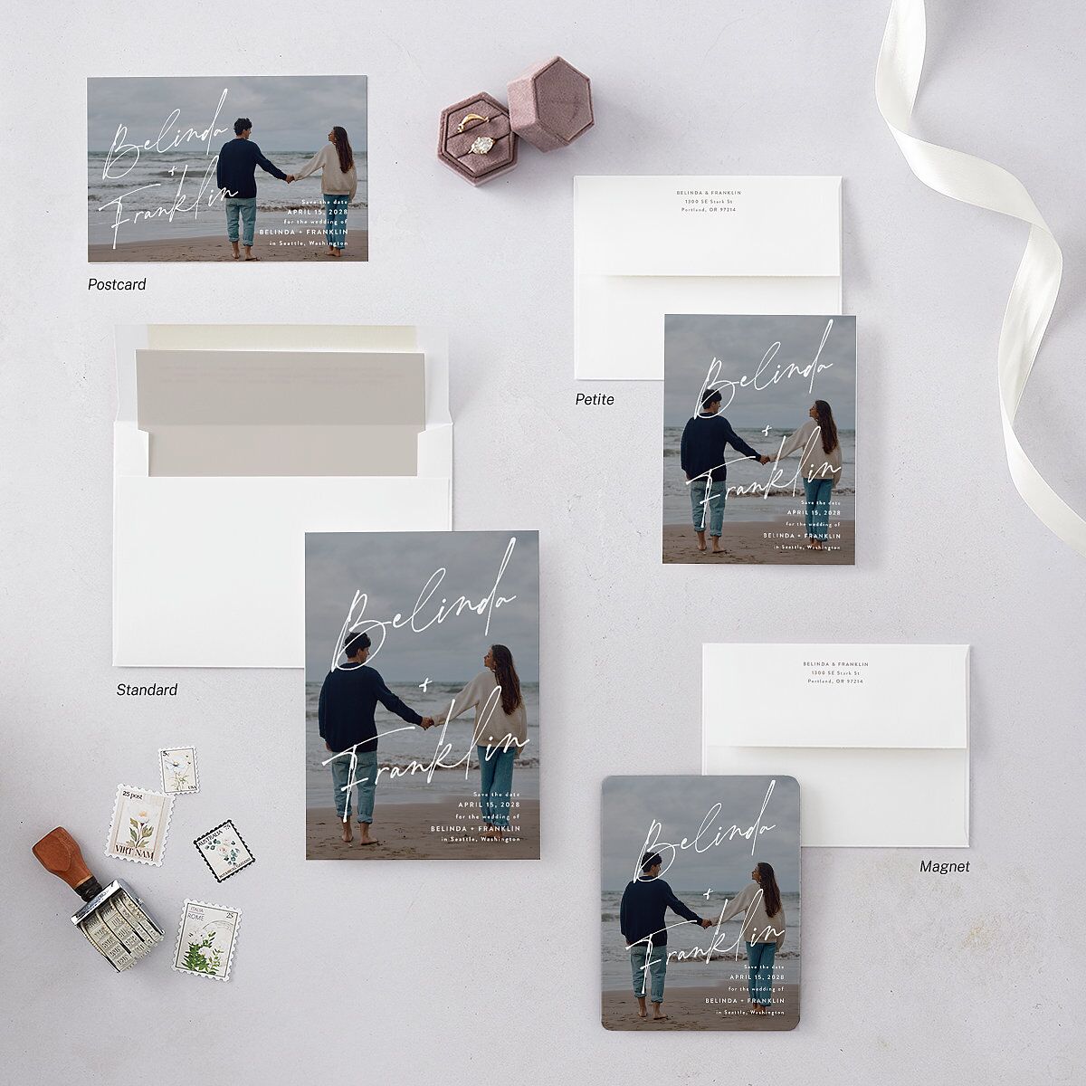 Modern Script Names Save The Date Cards Shadow Gray Signature smooth Blank No Standard