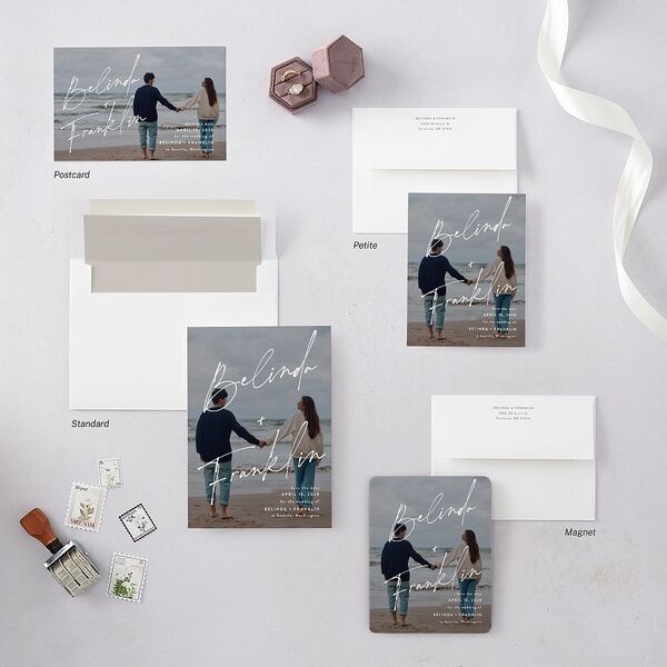 Modern Script Names Save The Date Cards Shadow Gray Signature smooth Blank No Standard