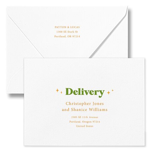 Colorful Retro Stripes Rehearsal Dinner Invitation Euro Envelopes White Sea Foam Both Recipient and Return Addresses Luxe Signature