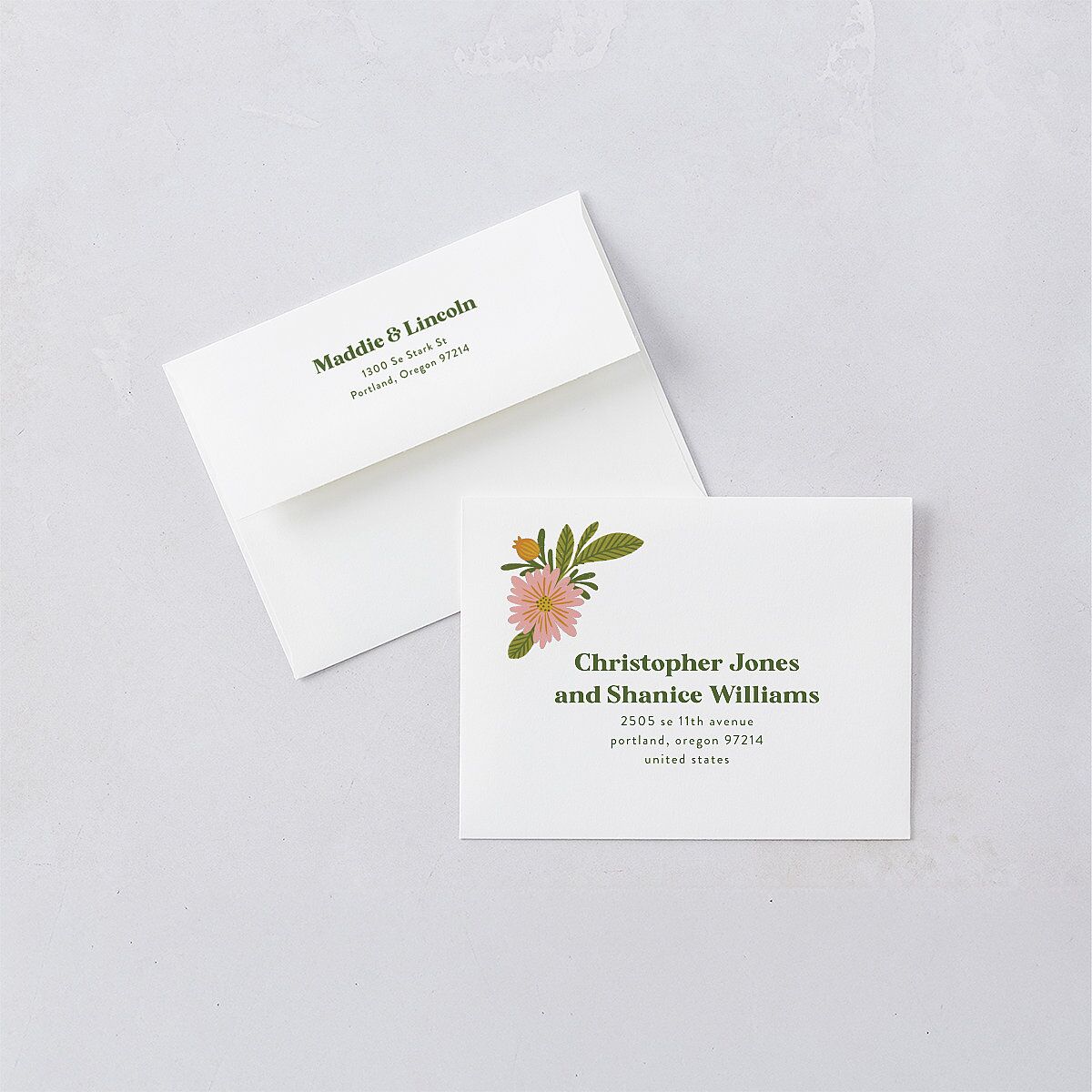 Retro Bloom Save the Date Petite Card Envelopes White Peach Pink Both Recipient and Return Addresses Signature Standard