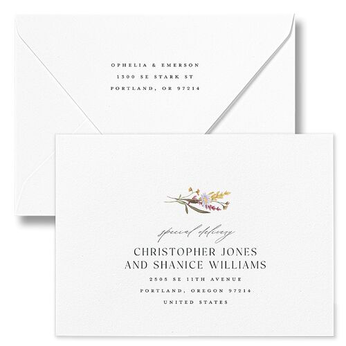 Mountain Wildflowers Wedding Invitation Euro Envelopes White Moss Both Recipient and Return Addresses Luxe Signature