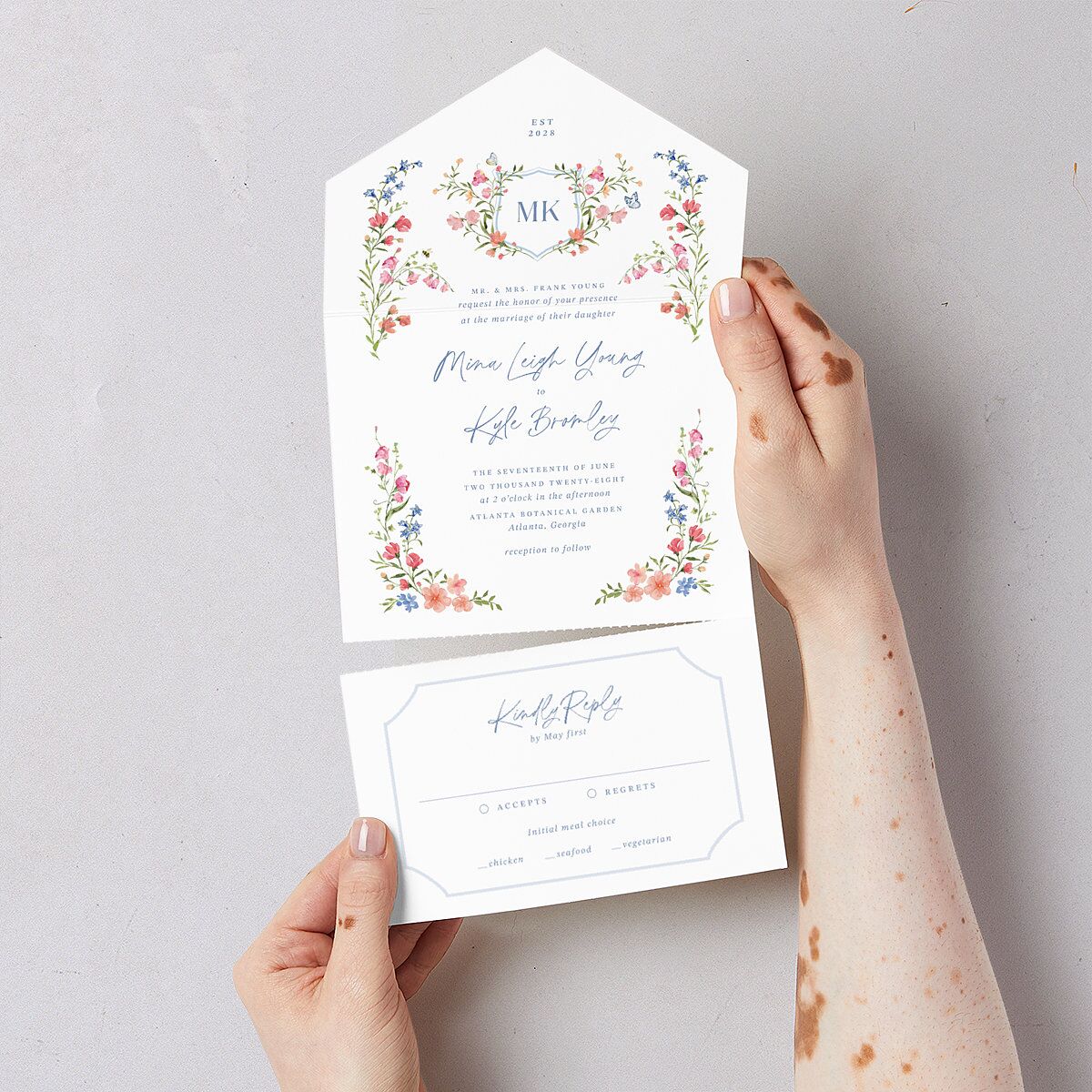 Fairytale Wildflower Crest All-in-One Wedding Invitations Pure White Signature Light Both Recipient and Return Addresses No