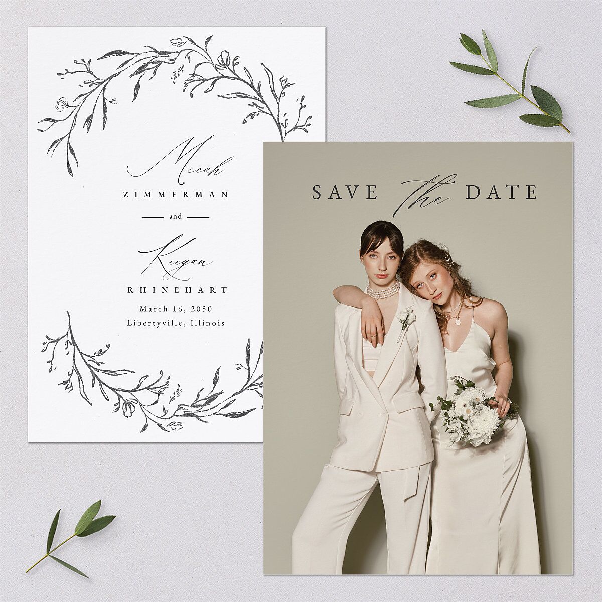 Illustrated Vines Save The Date Cards — view 1