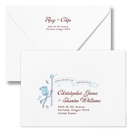 Whimsical Retro Cartoon Wedding Invitation Euro Envelopes Baby Blue White Both Recipient and Return Addresses Luxe Signature