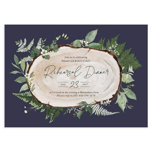 Fairytale Woodgrain Slab Rehearsal Dinner Invitations Dark Navy Signature Blank Standard