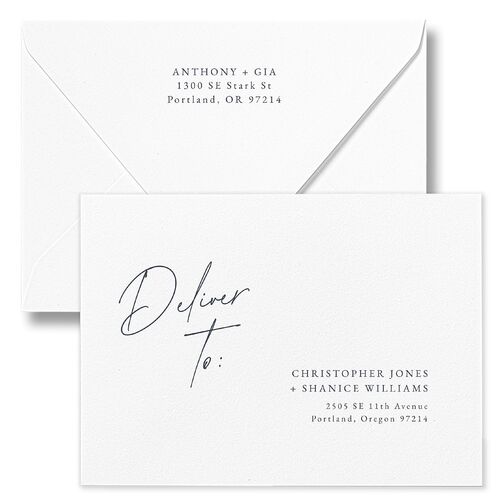 Corner Date Wedding Invitation Euro Envelopes White Moody Blue Both Recipient and Return Addresses Luxe Signature