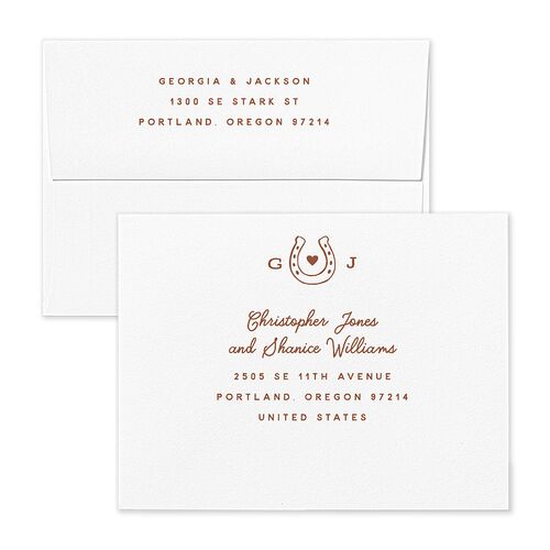 Western I Do BBQ Save the Date Petite Card Envelopes White Saddle Both Recipient and Return Addresses Signature Standard