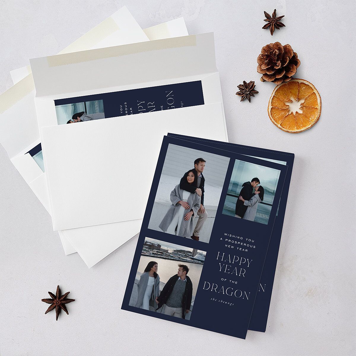 Lunar New Year Grid Holiday Cards Navy Signature Blank Portrait Standard