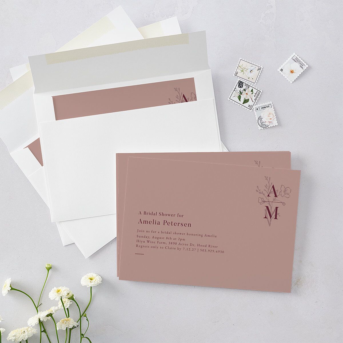 Rustic Monogram Bridal Shower Invitations Dusty Rose Signature Blank Standard