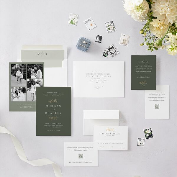 Botanical Accent Foil Wedding Invitations Hunter Green Gold Signature Blank Standard No