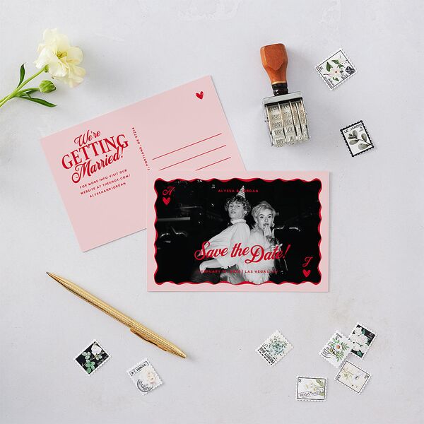 Hand Drawn Las Vegas Hearts Save the Date Postcards Crimson