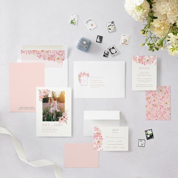 Blooming Frame Save The Date Cards Gold Pink Cotton Signature smooth Blank No Standard