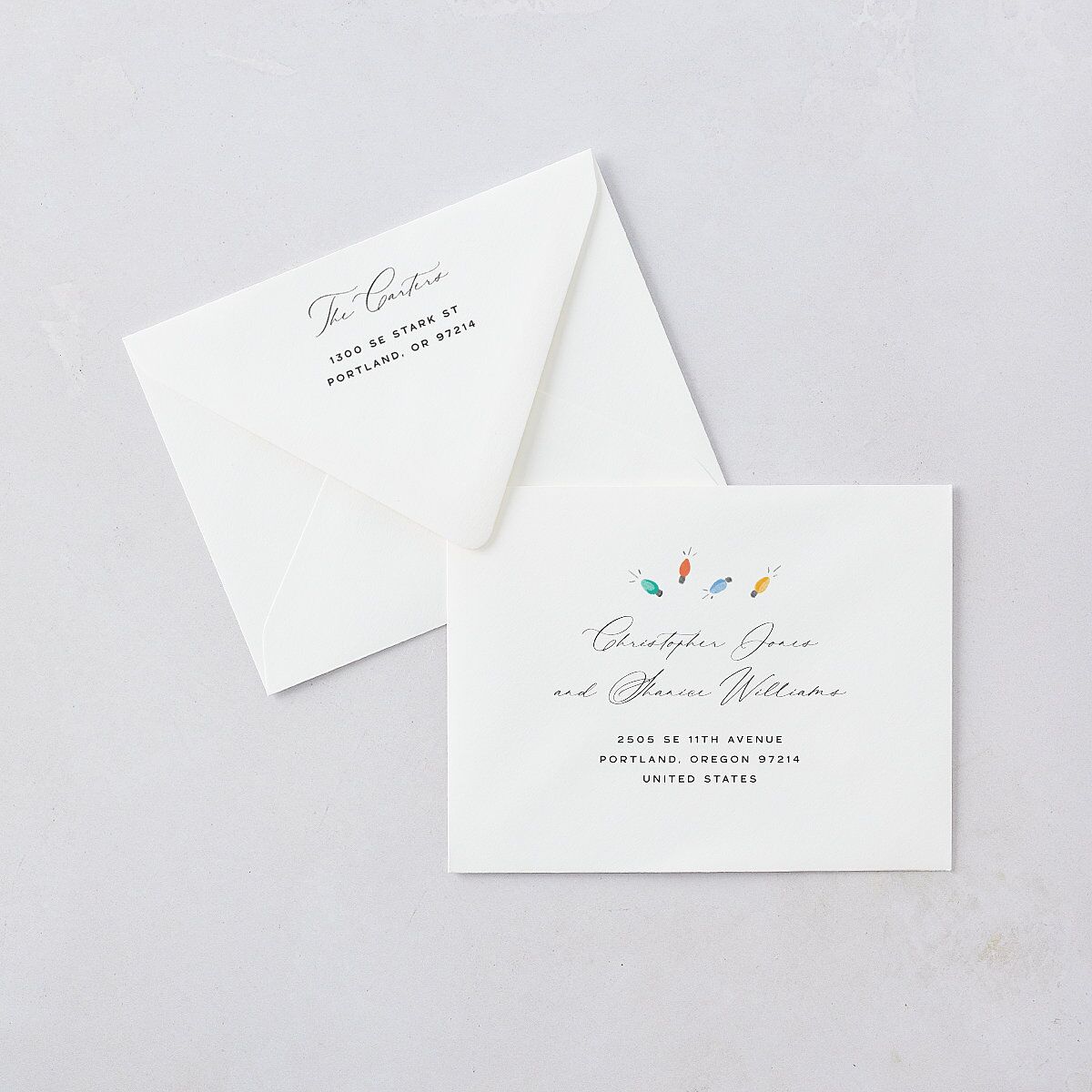 Whimsical Drawn Holiday Lights Thank You Card Euro Envelopes White Sapphire Both Recipient and Return Addresses Luxe Signature