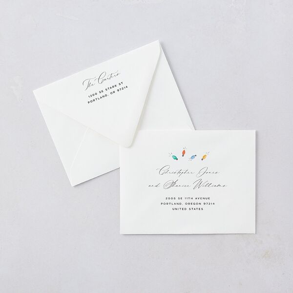 Whimsical Drawn Holiday Lights Thank You Card Euro Envelopes White Sapphire Both Recipient and Return Addresses Luxe Signature