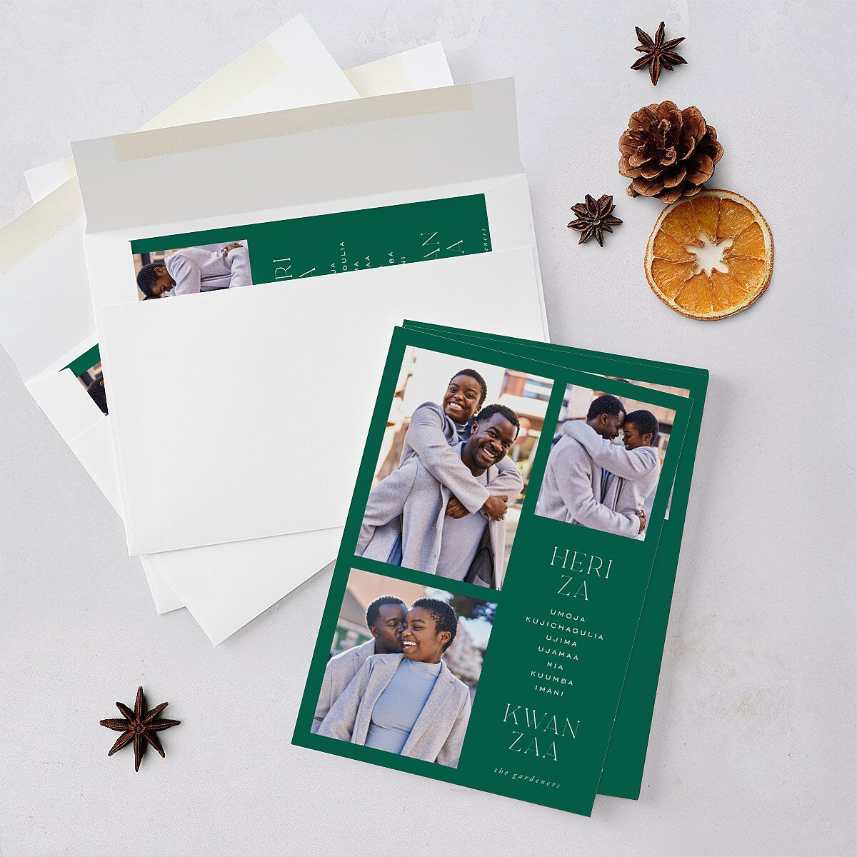Kwanzaa Grid Holiday Cards Emerald Signature Blank Portrait Standard
