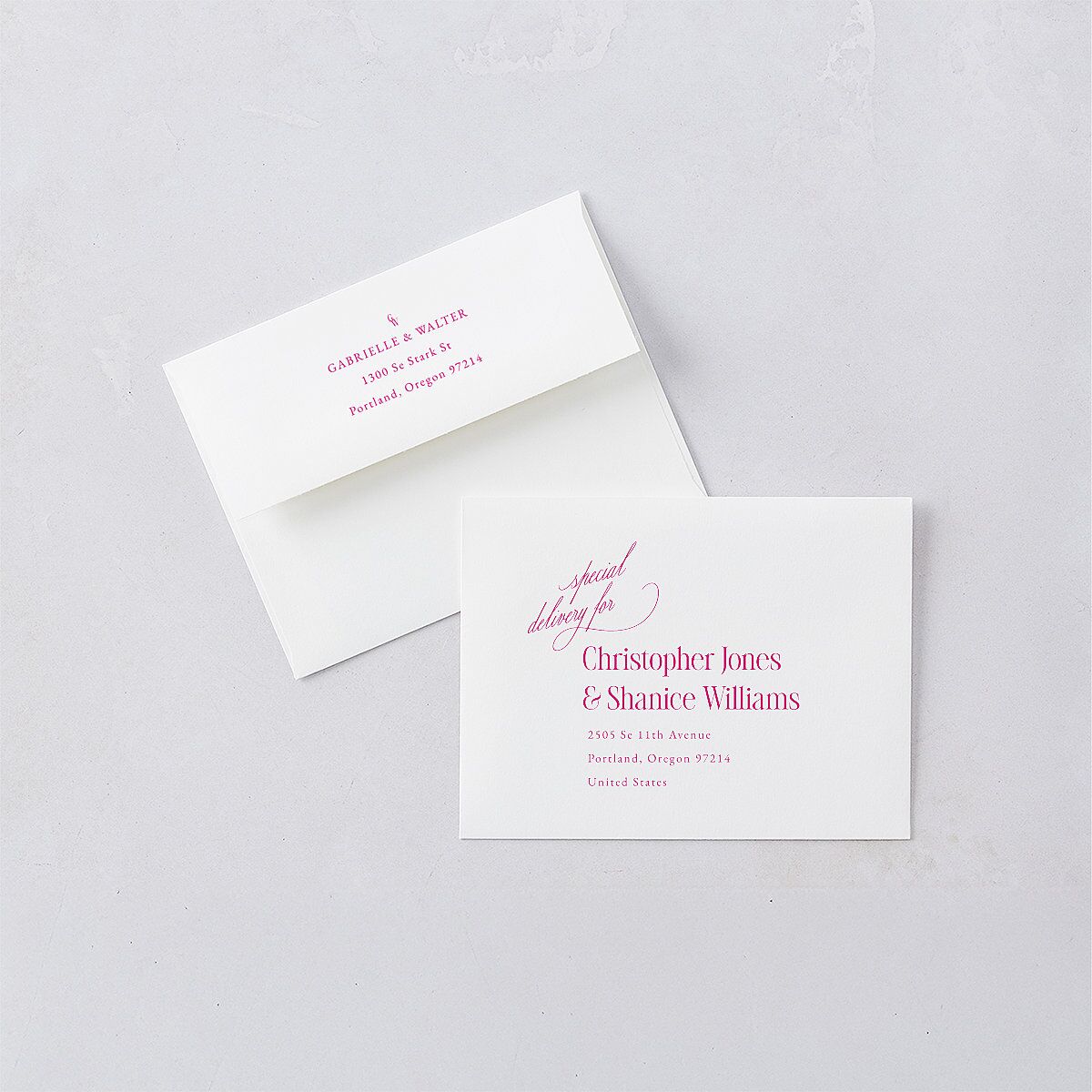 Stay For The Party Save the Date Petite Card Envelopes Hot Pink White Both Recipient and Return Addresses Signature Standard