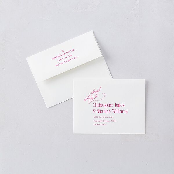 Stay For The Party Save the Date Petite Card Envelopes Hot Pink White Both Recipient and Return Addresses Signature Standard