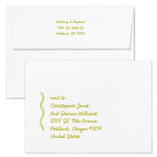 Modern Hand Drawn Wavy Frame Wedding Invitation Envelopes White Chartreuse Both Recipient and Return Addresses Standard Signature