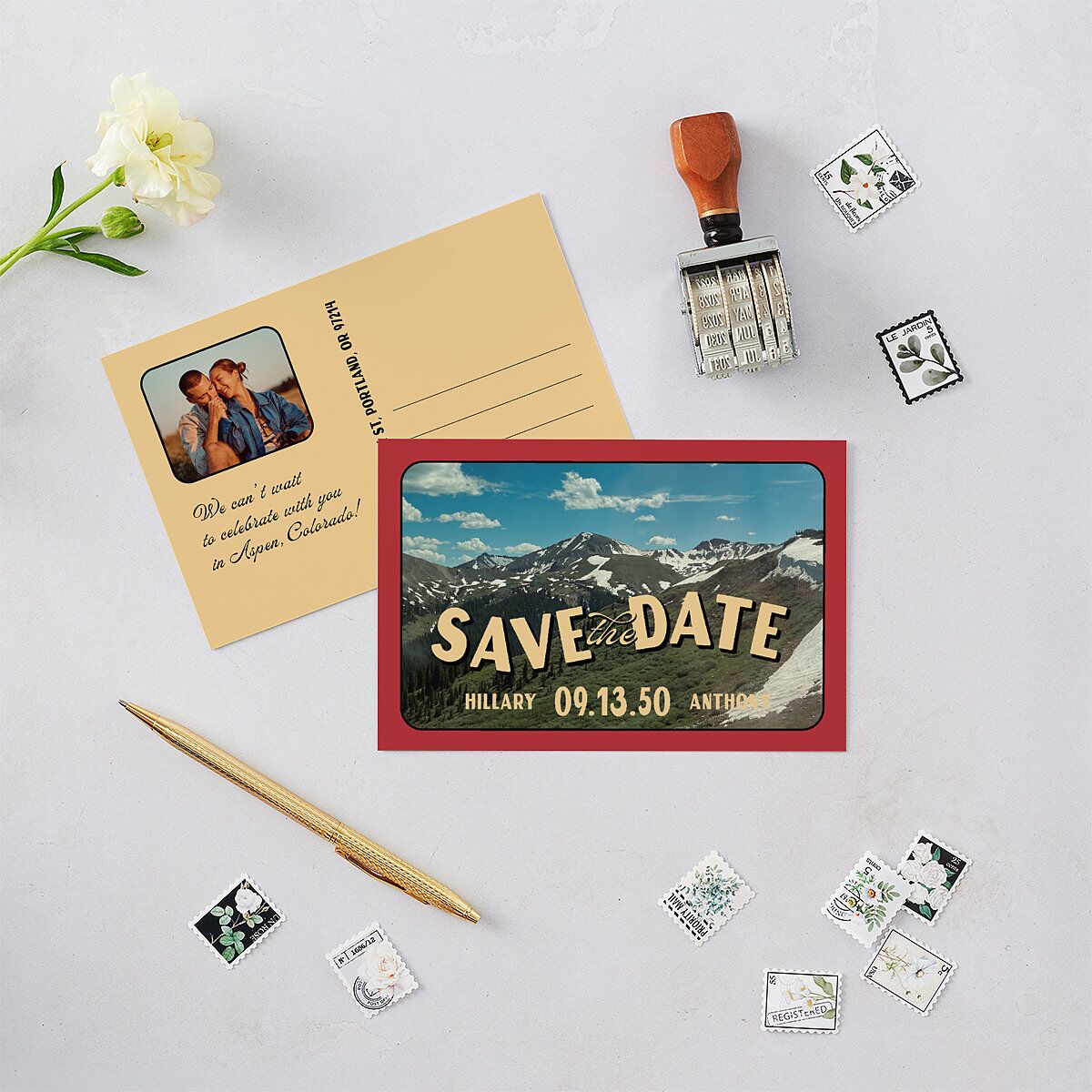 Retro Destination Postcard Inspired Save the Date Postcards Red Clay