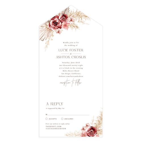 Pampas Floral All-in-One Wedding Invitations Burgundy Signature Light Both Recipient and Return Addresses No
