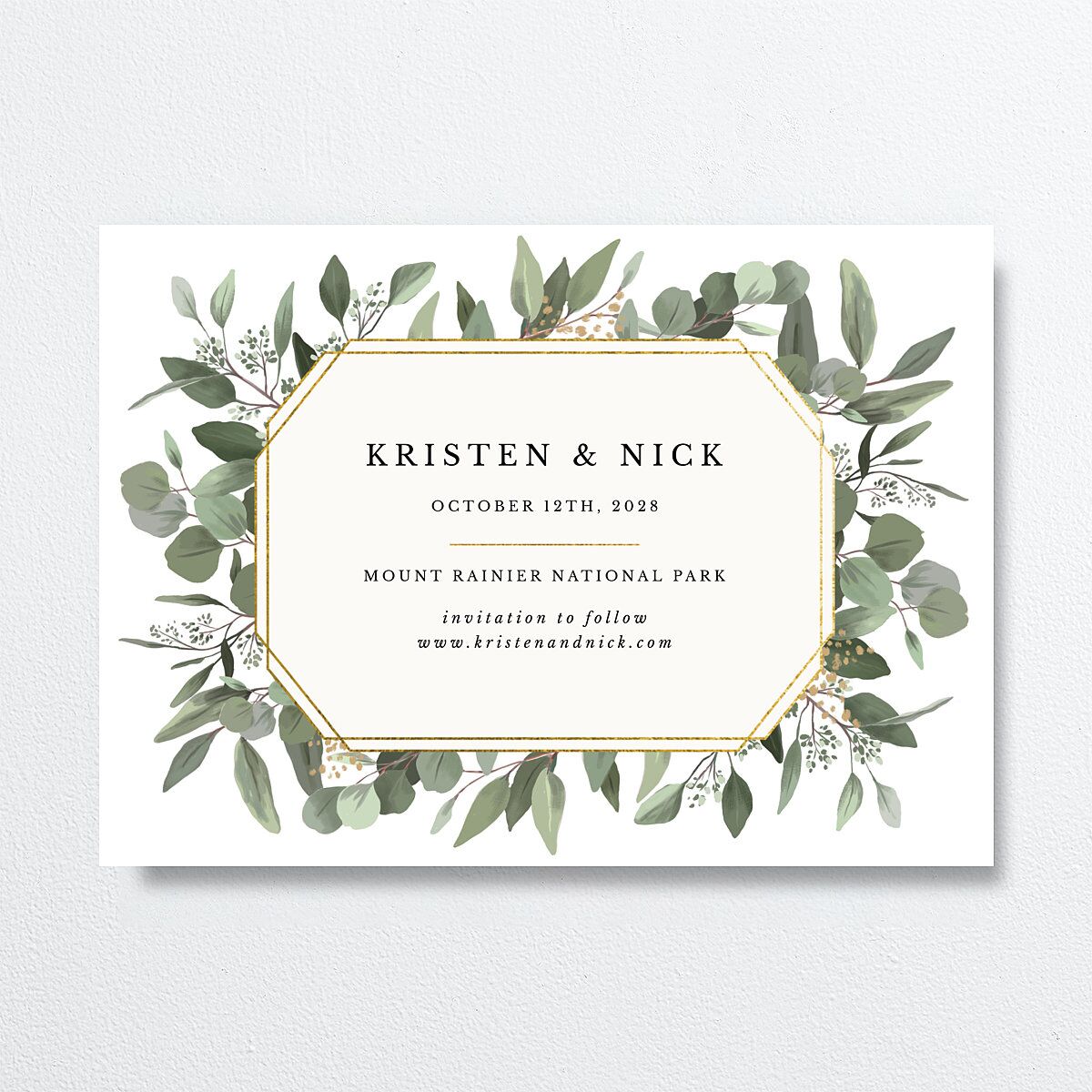 Eucalyptus Frame Save The Date Cards Pure White Signature smooth No Standard
