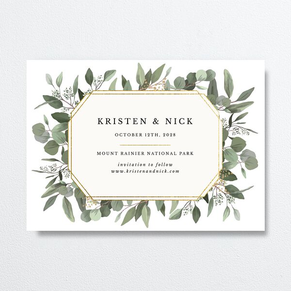 Eucalyptus Frame Save The Date Cards Pure White Signature smooth No Standard