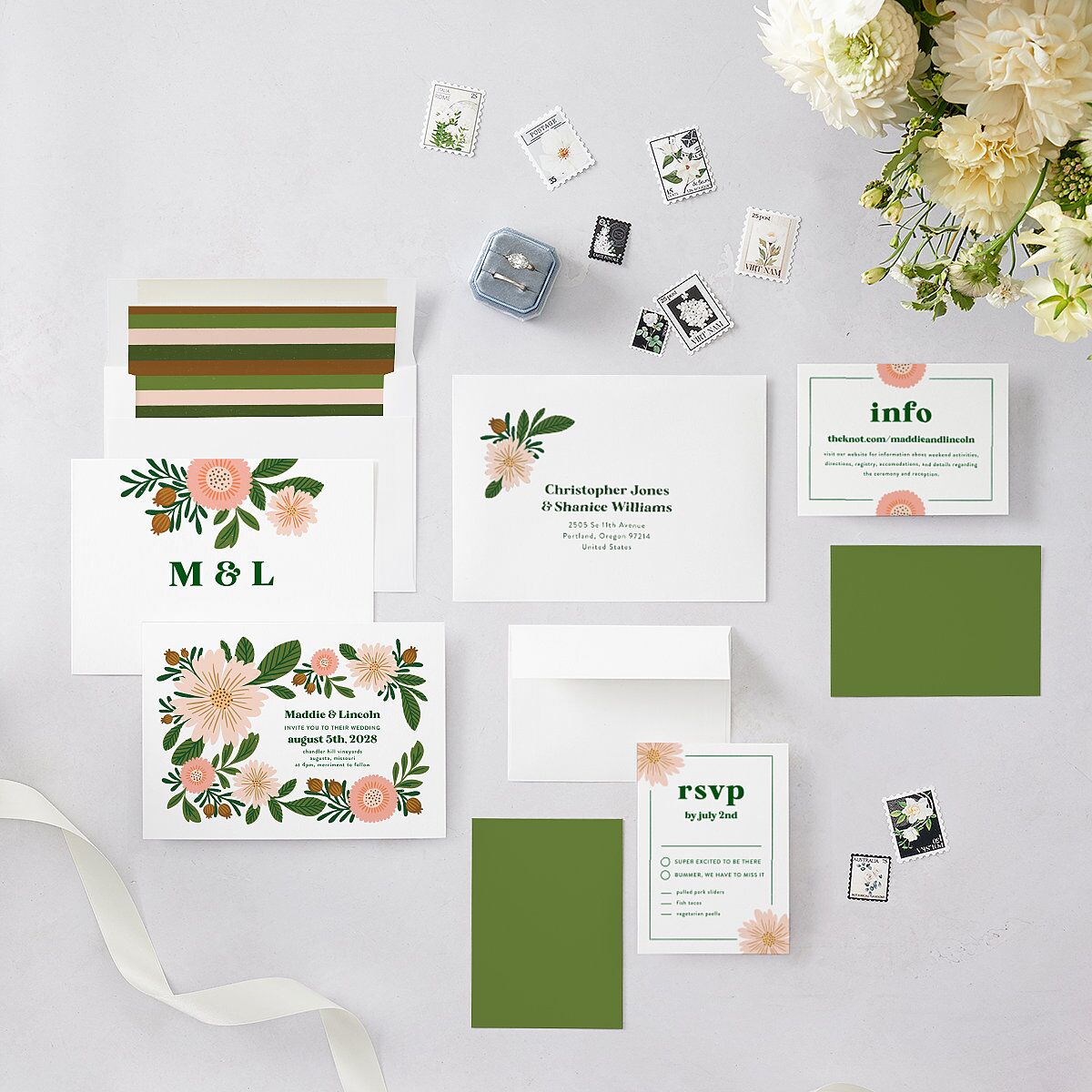 Retro Bloom Wedding Invitations Scottish Green Signature Blank No Standard