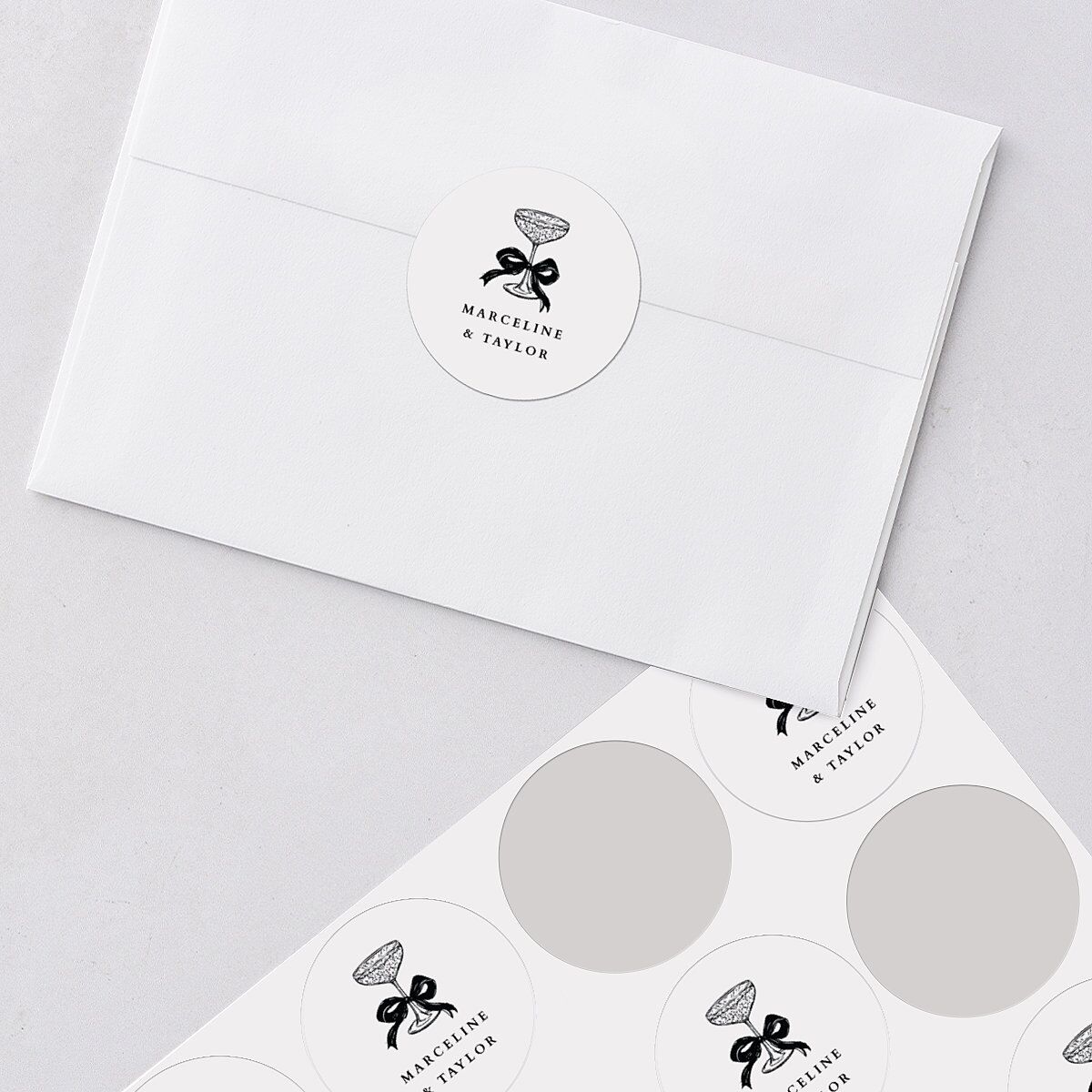 Classic Champagne with Bows Wedding Stickers Pure White Circle