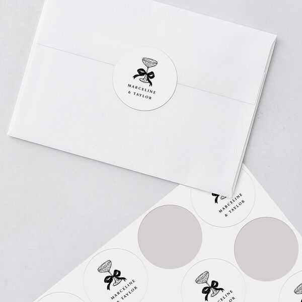Classic Champagne with Bows Wedding Stickers Pure White Circle