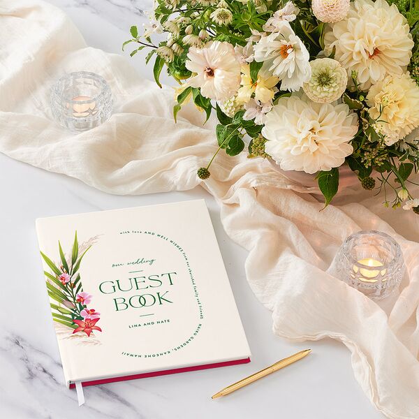 Hawaiian Tropical Orchid Oval Wedding Guest Book Crimson