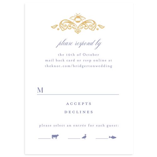Glamorous Crown Monogram Crest Wedding Response Cards by Bridgerton Gold Cornflower Signature
