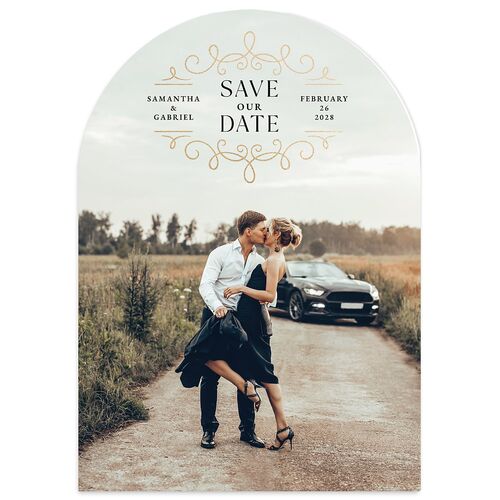 Monogram Flourish Foil Save the Date Cards Pure White Gold Signature smooth Blank No Arch
