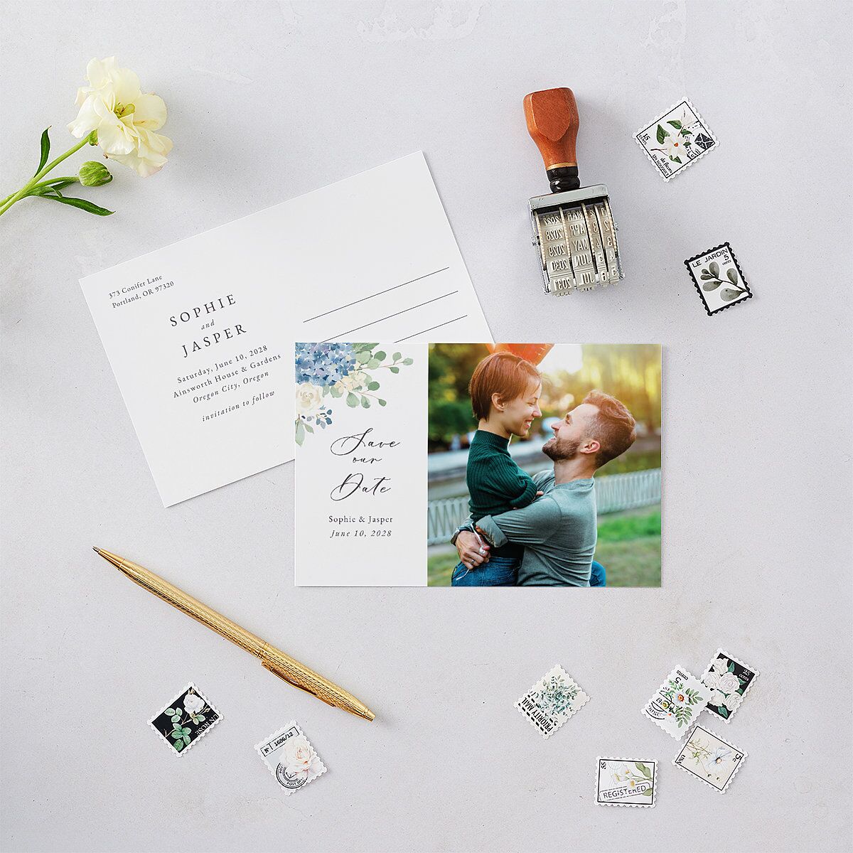 Gilded Hydrangea Save the Date Postcards Ocean