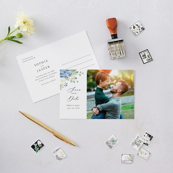 Gilded Hydrangea Save the Date Postcards Ocean