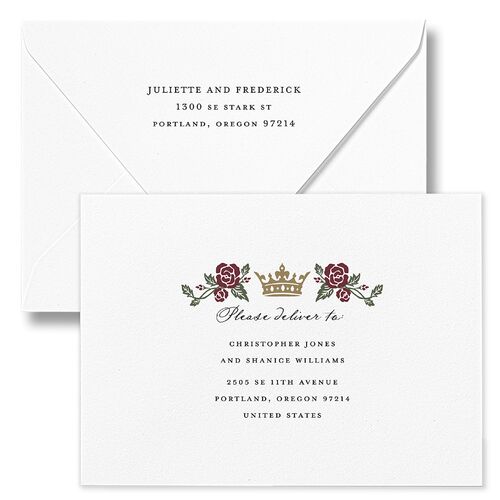 Sword and Roses Fantasy Garden Wedding Invitation Euro Envelopes White Charcoal Both Recipient and Return Addresses Luxe Signature