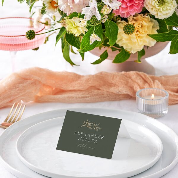 Botanical Accent Foil Place Cards Hunter Green Gold Signature
