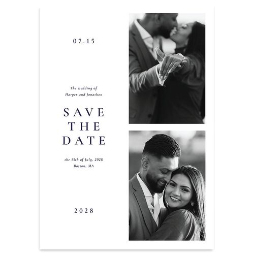 Editorial Monogram Photo Save the Date Cards Midnight Navy Signature smooth Blank No Standard