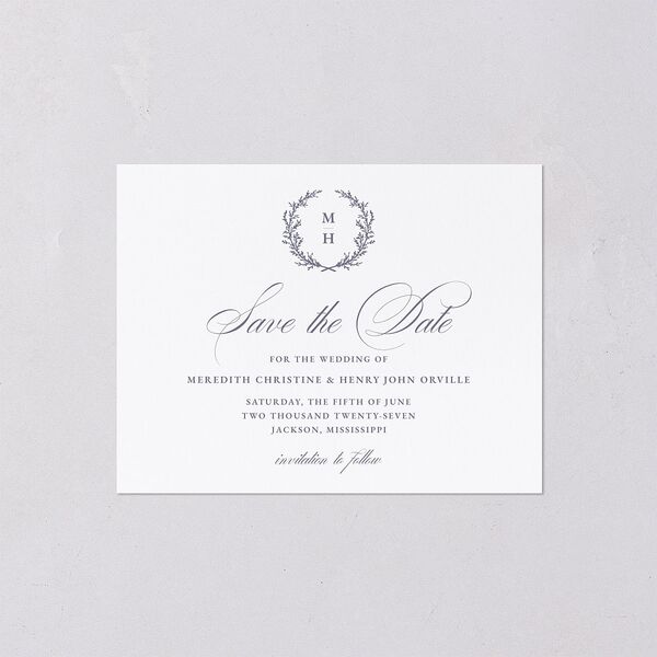 Monogram Branches Botanical Save the Date Petite Cards Regency Blue Signature smooth Blank No Standard