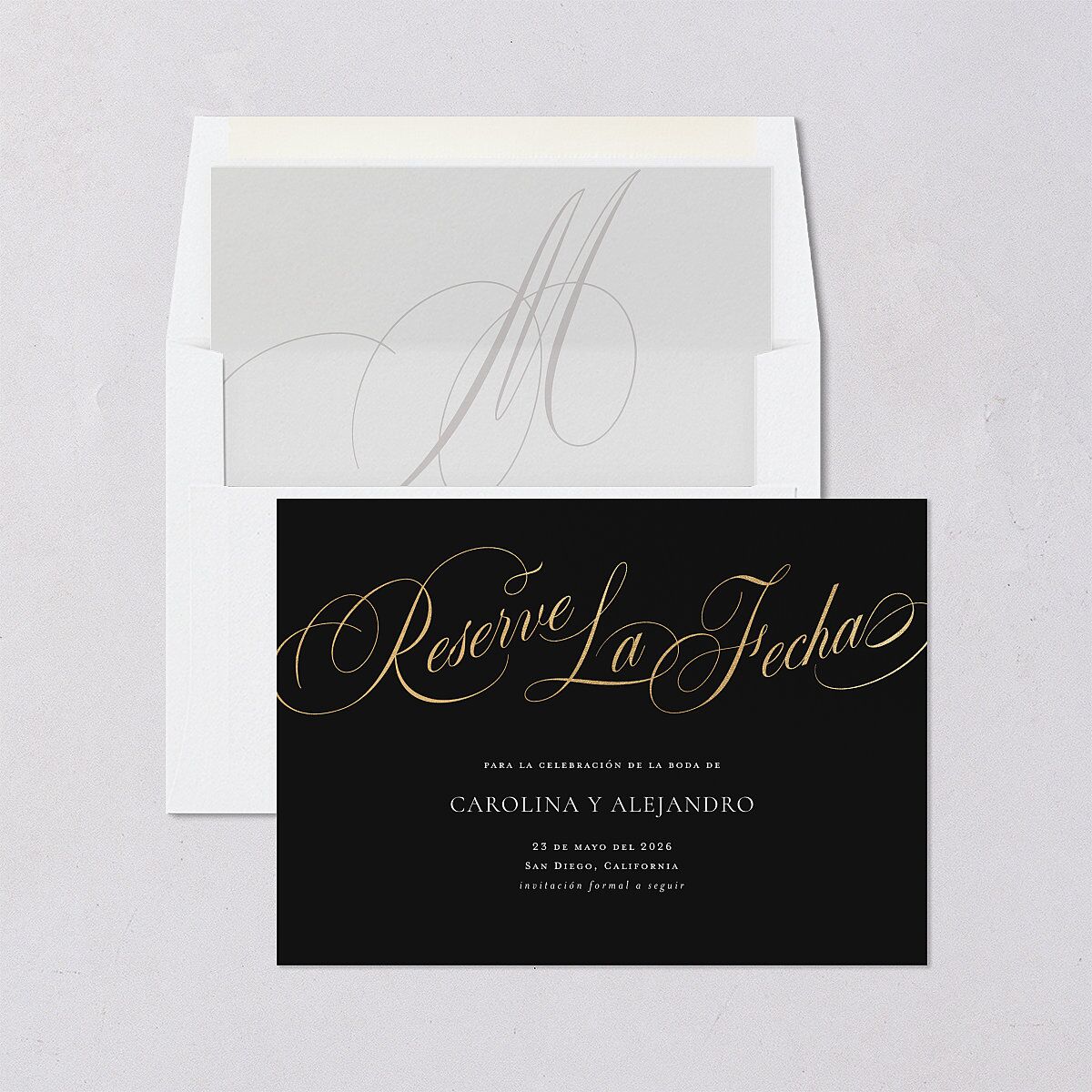 Nuestra Boda Save The Date Cards Gold Charcoal Signature smooth Blank No Standard