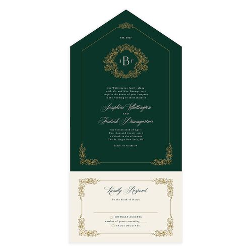 Black Tie Crest All-in-One Wedding Invitations Dark Emerald Signature Light Both Recipient and Return Addresses No