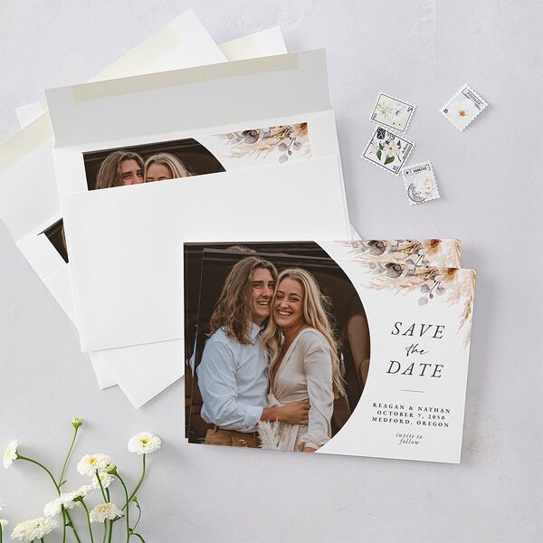 Bohemian Floral Hoop Save The Date Cards Camel Signature smooth Blank No Standard