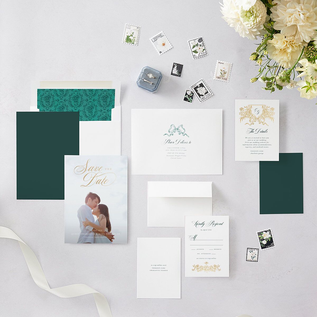 Rose Garden Crest Save the Date Cards by Bridgerton Gold Dark Emerald Signature smooth Blank No Standard