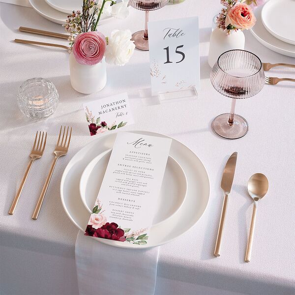 Beloved Floral Foil Place Cards Rose Gold Dark Berry Signature
