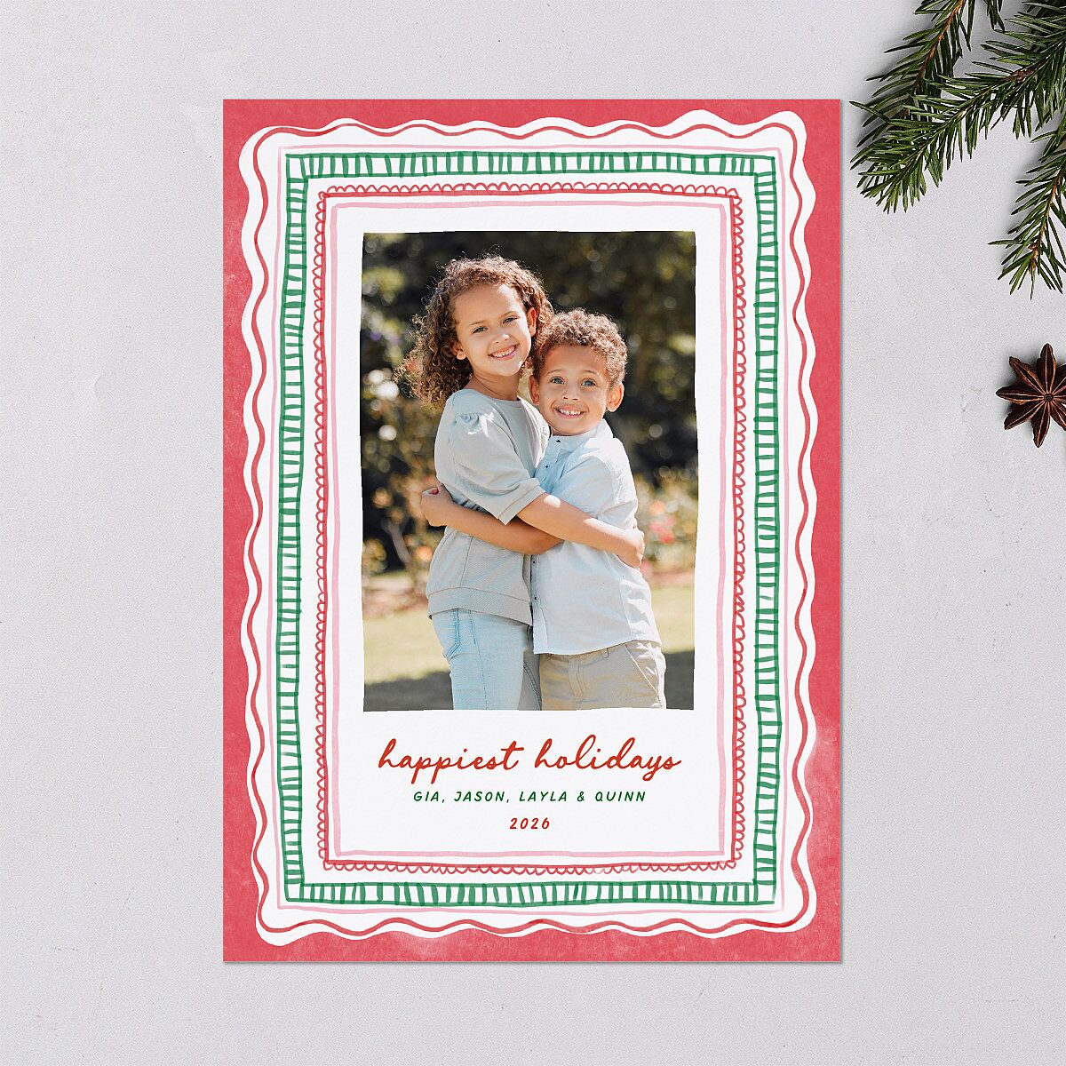 Whimsical Painted Holiday Border Holiday Cards Scarlet Signature Blank Portrait Standard