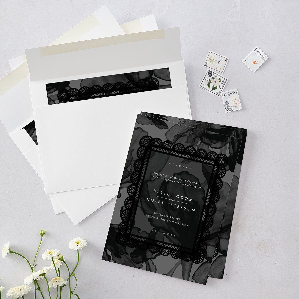 Moody Romantic Lace Floral Wedding Invitations Medieval Grey Signature Blank No Standard