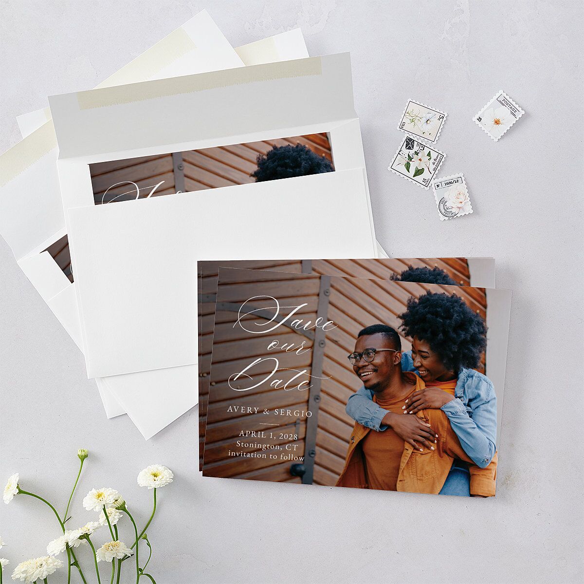 Floral Accent Save The Date Cards Off-White Signature smooth Blank No Standard