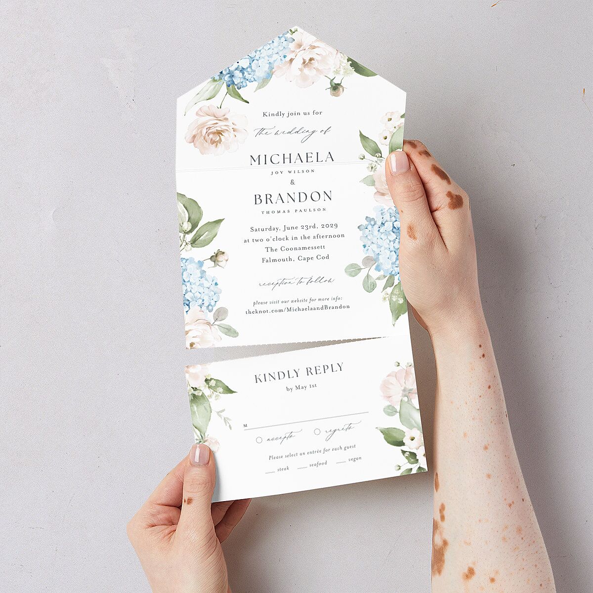 Elegant Peonies and Hydrangeas All-in-One Wedding Invitations Baby Blue Signature Light Both Recipient and Return Addresses No