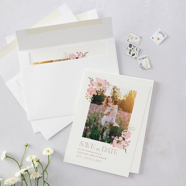 Blooming Frame Save The Date Cards Gold Pink Cotton Signature smooth Blank No Standard